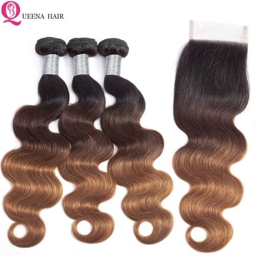 Queena Cambodian Hair Ombre Body Wave Hair Bundles with Closure Remy 1B/4/30 Colored Human Hair 3 Bundles With 4x4 Lace Closure