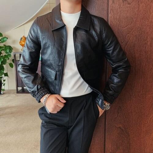 Slim Autumn Mens Fit Large Pocket Faux Leather Zipper Jacket Korean Style Solid Color Lapel Coat Mens Faux Leather Jacket
