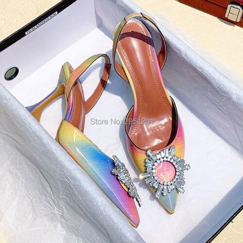 Fashion Trend Women Pumps Elegant Pointed toe Rhinestones High heels Wedding Shoes Crystal Sun Slingback Pumps Sweet Sandals