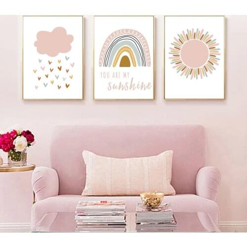 Nordic Style Pink Sun Rainbow You Are My Sunshine Canvas Painting Nursery Posters Prints Wall Art Picture Kid Room Decor Cuadros