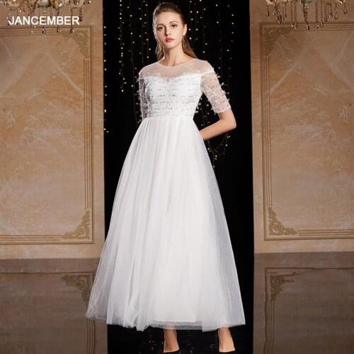 J9070 Jancember Prom Dresses 2020 Half Sleeves Zipper Back O-neck Sequined White Formal Dresses Robe Longue Femme Sukienka Długa