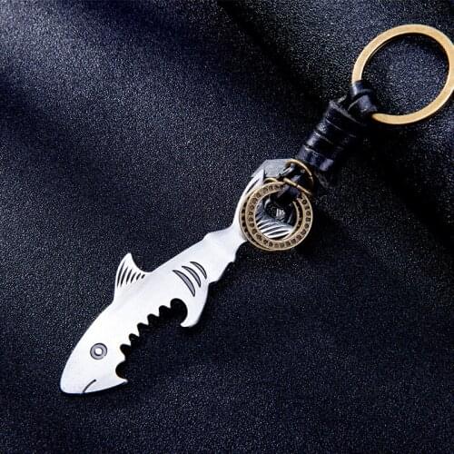 Alloy Vintage Antique Bronze Fish Key Rings Braided Cowhide Bottle Opener Pendant Keychain Punk Jewelry Gift For Friends 10PCS