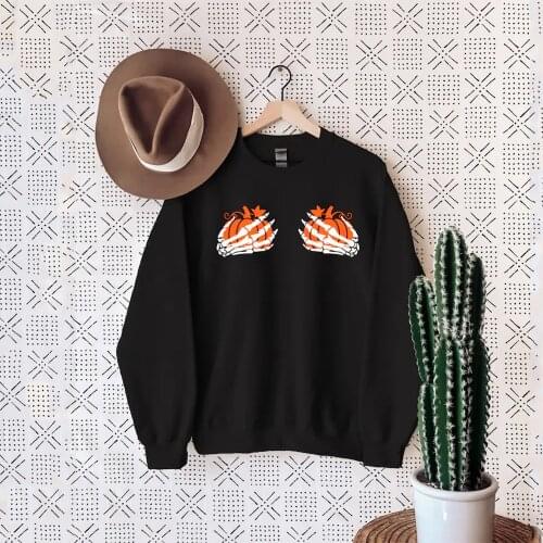 Pumpkin Boobies Sweatshirt Skeleton Hands Hoodie Funny Halloween Crewneck Unisex Sweatshirts Thanksgiving Boobies Hoodies Tops