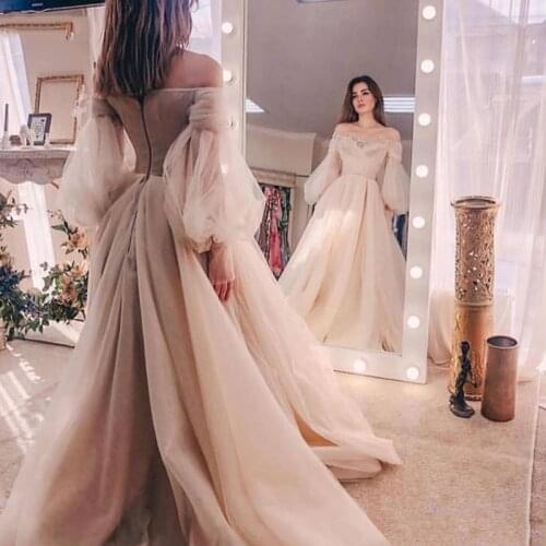 Dubai Evening Gowns 2020 Organza Off the Shoulder Long Sleeves Formal Dress Robe De Soiree Abiye Abendkleider Prom Dresses