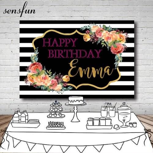 Sensfun Girls Happy Birthday Backdrop Flowers Gold Frame Black And White Striped Photography Backgrounds For Photo Studio Vinyl