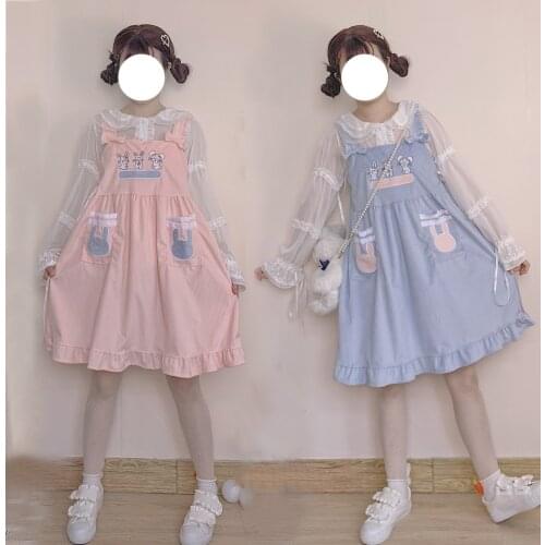 Japanese Vintage Teens Girl Corduroy Dress Mori Girl Lolita Kawaii Bunny Pink Overalls Harajuku Cute Rabbit Bow-knot Strap Dress