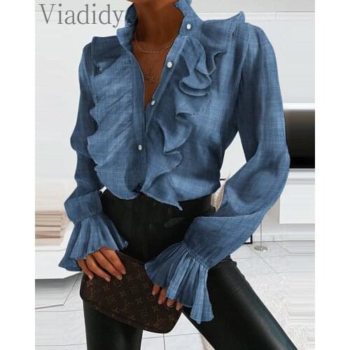 Women Long Sleeve Ruffles Design Blouse