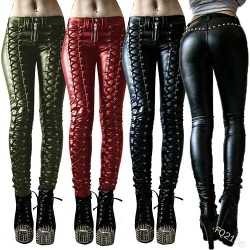 Women Retro PU Pants Leather steampunk bandage Lace up Pencil pants Medieval Gothic Skinny Streetwear Autumn Casual Trouse
