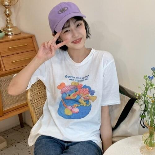 Womens T-shirts Tops Japanese Kawaii Ladies Ulzzang Bear Print Loose Tshirt Female Korean Harajuku Clothes For Women