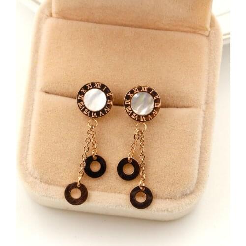 Hot Sale Round Black White Shell Rose Gold Color Stainless Steel Long Drop Earrings