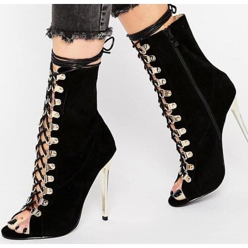 Newest Black Suede Leather Women Peep Toe Ankle Boot Metal High Heel Ladies Lace Up Knight Boots Ankle Bandage Female Boots