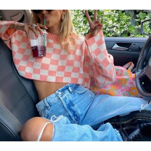 Womens Casual Stitching Long Sleeve Sweater Fashion Contrast Color Plaid Exposed Navel Knitted Tops Pink White Street Style