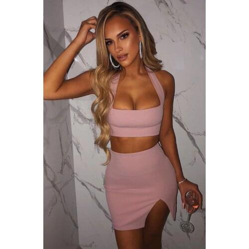 European and American womens elegant two-piece dress sleeveless sling navel top high waist elastic band split slim Mini Skirt S