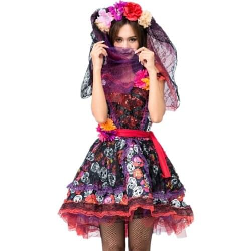 Women Adults Day of The Dead Costumes Flower Sugar Skull Senorita Dress Halloween Cosplay Ghost Vampire Bride Fancy Dress