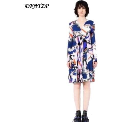 New 2017 Fashion Designer Brand Dress Ladies' Elegant Blue Geometry Printed XXL Long Sleeves Stretch Jersey Silk Day Dress