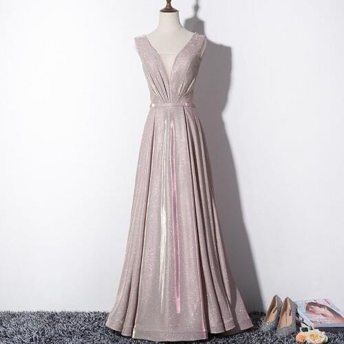 Elegant Pink Bling Prom Dress 2021 Sparkle V Neck Sheer Neck A Line Pleats Sleeveless Banquet Guests Evening Gowns Formal Party