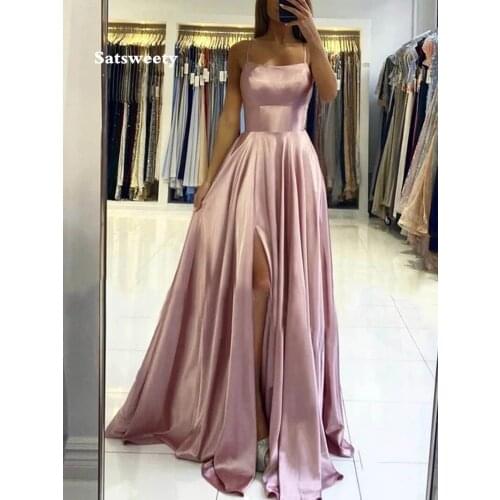 2020 Dusty Pink Open Back Long Formal Prom Dresses vestidos de fiesta de noche Spaghetti Strap Evening Gowns
