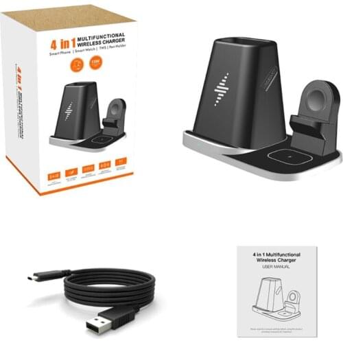 4in1 10W Wireless Charger Stand Holder For -Samsung -Galaxy Watch/Buds i-Phone Mobile Phones with Desk Pencil Organizer