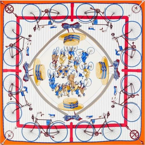 90cm Bicycle Print Twill Silk Scarf Women Hijab Square Scarf Shawl Brand Design Bandana Handmade Curled Foulard Head Scarves