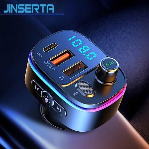 JINSERTA Car Bluetooth 5.0 FM Transmitter Mp3 Player With Type-C and QC3.0 Fast Dual USB Charger 7-color Atmosphere Light