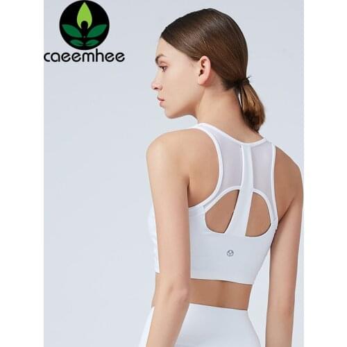 CAEEMHEE Push Up Padded Gym Fitness Bras Mesh Hollow Out Yoga Cropped Tops Women Plain Soft Nylon Running Workout Sports Bra