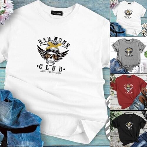 Colored Bad Moms Club Skull Leopard T-Shirt Funny 100% Cotton Graphic Funny Mothers Day Gift Quote Grunge Casual Tshirt Top Tee
