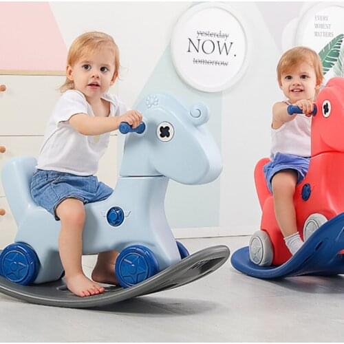 Childrens rocking horse dual-use sliding walker car one year old toy gift blue red high load bearing PE fun play