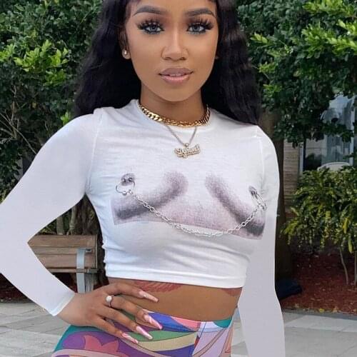 Weird Puss Print Chain Crop Top Women Summer Casual Skinny Short Sleeve T Shirt Wild Streetwear Stretchy Sporty Waistless Tee