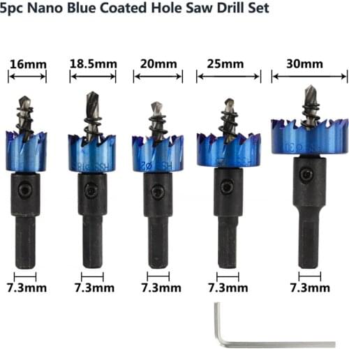 Hole Saw Set 5pcs 16/18.5/20/25/30mm Nano Blue Coated HSS Core Drill Metalworking Drill Bit