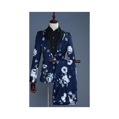 New Brand 2018 Tide Men Navy Blue Floral Print Fashion Casual Suits Latest Coat Pant Designs Wedding Groom Stage Costume