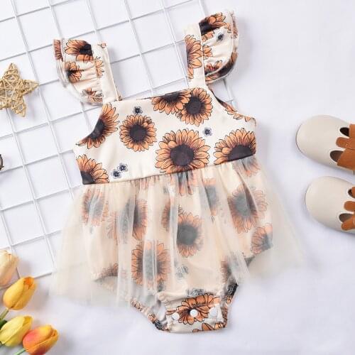 Summer New Infant Newborn Baby Fly Sleeve Rompers Dress Toddler Baby Girl Sweet Style Sunflower Printing Mesh Splicing Jumpsuit