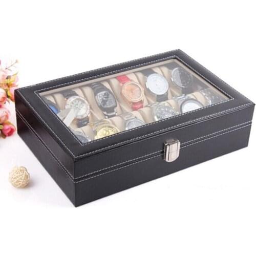 Leather 10 Slot Watch Box Glass Top Watch Jewelry Display Case Organizer