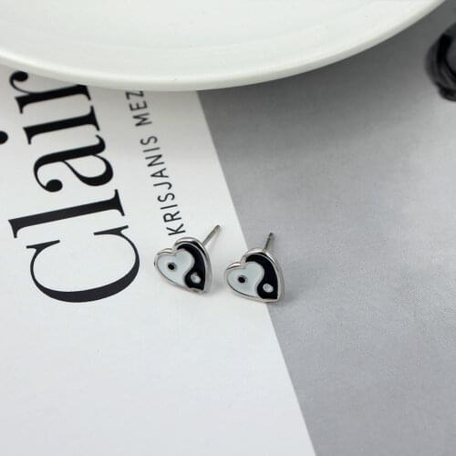 JUST FEEL Korea Cute Heart Yin and Yang Stud Earrings Female Fashion Silver color Metal Enamel Drip Glaze Earrings Girls Jewelry