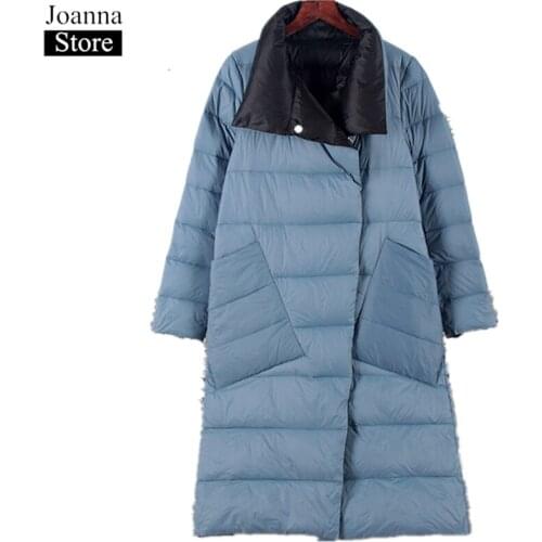 Winter Double-Faced Duck Down Long Jacket Women Slim Double-Breasted Lapel Warm Down Puffer Jackets Plus Size Parka Casual Coats