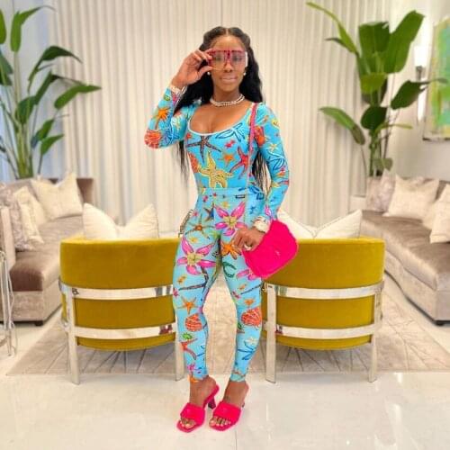 RMSFE 2021 Womens Long Sleeve Square Neck Fashion Casual Starfish Print Sexy Two Piece Set