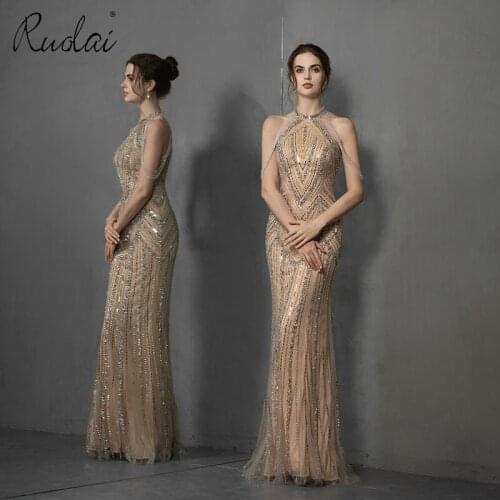 Luxury Beading Gold Color Beading Evening Dress Halter Floor Length Women Long Party Gown vestidos de fiesta de noche