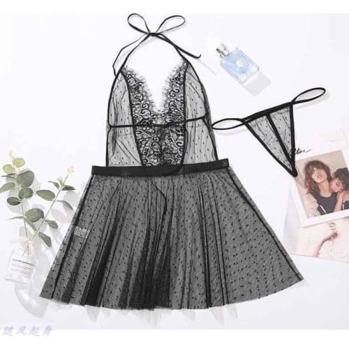 Sexy Transparent Mesh Lace Wave Point Womens Black Underwear Halter Backless Split Erotic Lingerie Lady Gorgeous Wedding Gown