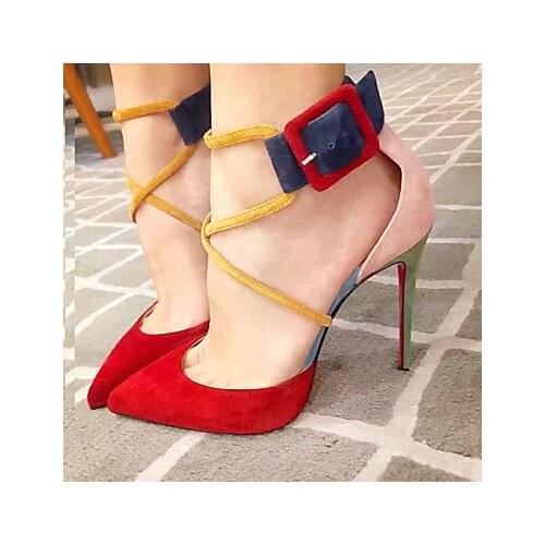 High Quality red yellow Sexy big buckle Pumps Woman high heel Pointed Toe shoes female stiletto heels OL out fits