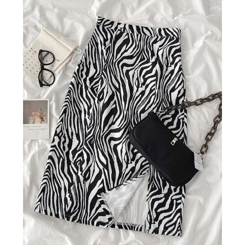 2021 new mid-length zebra print skirt with slits and thin long skirt female A-line skirt