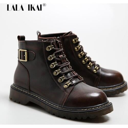 LALA IKAI Women Retro Ankle Boots Cowhide Lace-UP Round Head 2020 Fashion Buckle ZIP Riding Boots Female Autumn Winter A30802-4