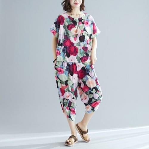 Calf-Length Pants Loose Tops Two piece tracksuit Women Casual Sets Soft Cotton Linen Print Floral Vintage Womens Casual Suits