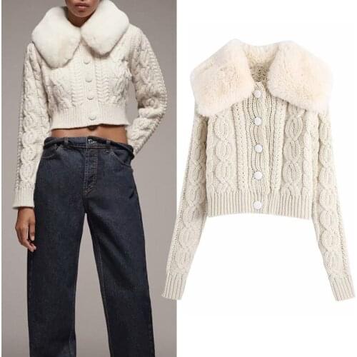 Za Women Faux Fur knitted Sweater Cardigan Female 2020 White Sweater Autumn And Winter Elegant Long Sleeve Warm Sweater Top