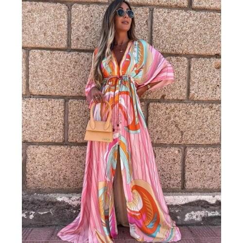 2021 Bohemian Style Women Long Dress Ladies Print Deep V-Neck Button Elastic Waist Loose Dress For Holiday Streetwear