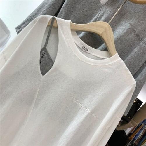 Summer New Easing Wild Womens Dress Shirt Hole Solid Color White Short Sleeve T-shirt Female Korean Version Tops