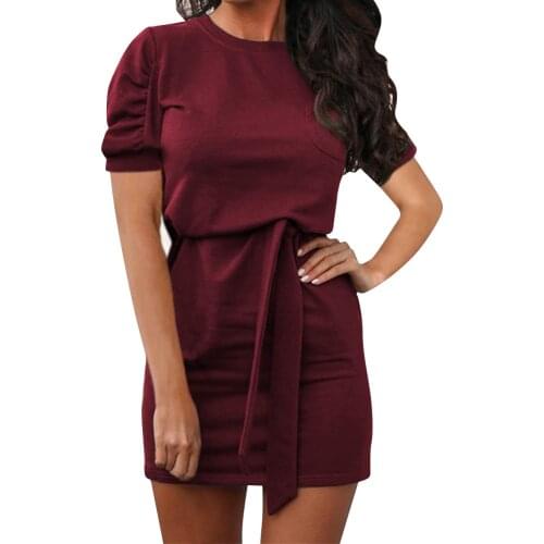 2021 Summer Office Ladies Girls Short Sleeve Crew Neck Wine Red Slim Dress Woman Clothes