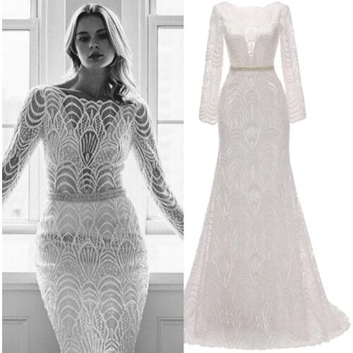 1292#Scoop Neck Backless Sheath Lace Sweep Train Full Sleeve Bride Gown Wedding Dress Bride Dress vestidos de novia