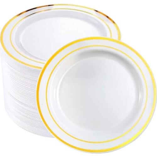 2021 25Pcs Golden Disposable Plastic Tableware Plate Wedding Gift Birthday Party Supplies