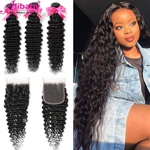 Alibaby Brazilian Deep Wave Bundles With Closure 3 Bundles With Closure 4×4 Lace Hair Extensions Human Hair Bundles With Closure