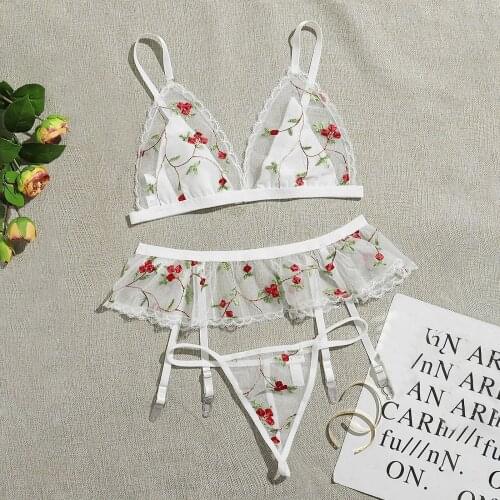 White Floral Embroidery Lingerie Set Women Exotic Underwear Transparent Mesh Bra Ruffle Garter Thongs Sets Sexy Nightwear 3pcs