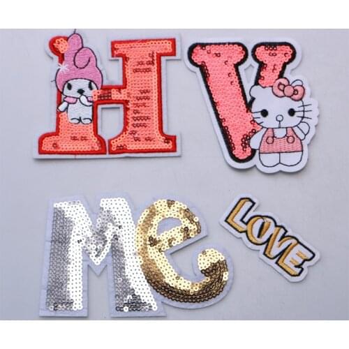 Shiny letter patch kitty cat me love sequins icon Embroidered Applique Patches For DIY Iron on Badges on clothes Stickers